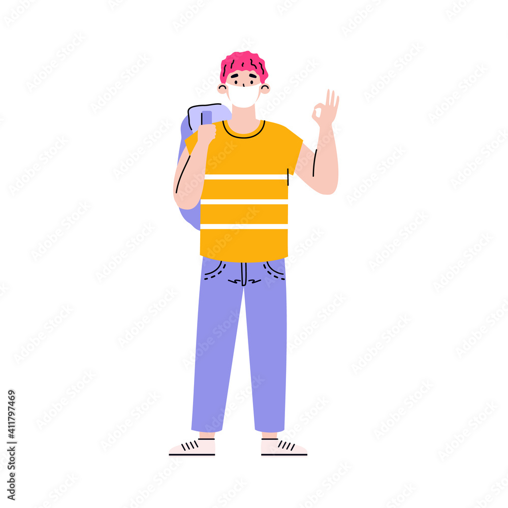 Smiling man in mask standing and raising his hand in OK gesture, cartoon vector illustration isolated on white background. Cartoon character of happy positive man.