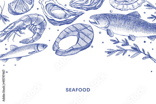 Hand-drawn seafood on a light background. Fish steak, shrimp, oyster, salmon. Retro picture for the design of restaurants, fish markets, and shops. Vector illustration in old engraving style.
