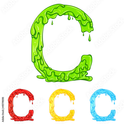 Letter C with flow drops and goo splash. Color illustration of the symbol c in four colors green, red, yellow, blue. Dripping liquid. Vector font in hand drawn style isolated on white background.