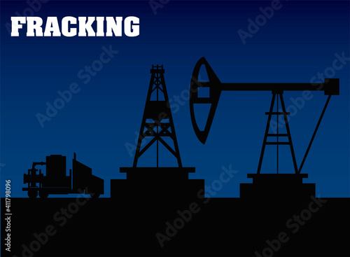 fracking oil rig drilling equipment and truck silhouette