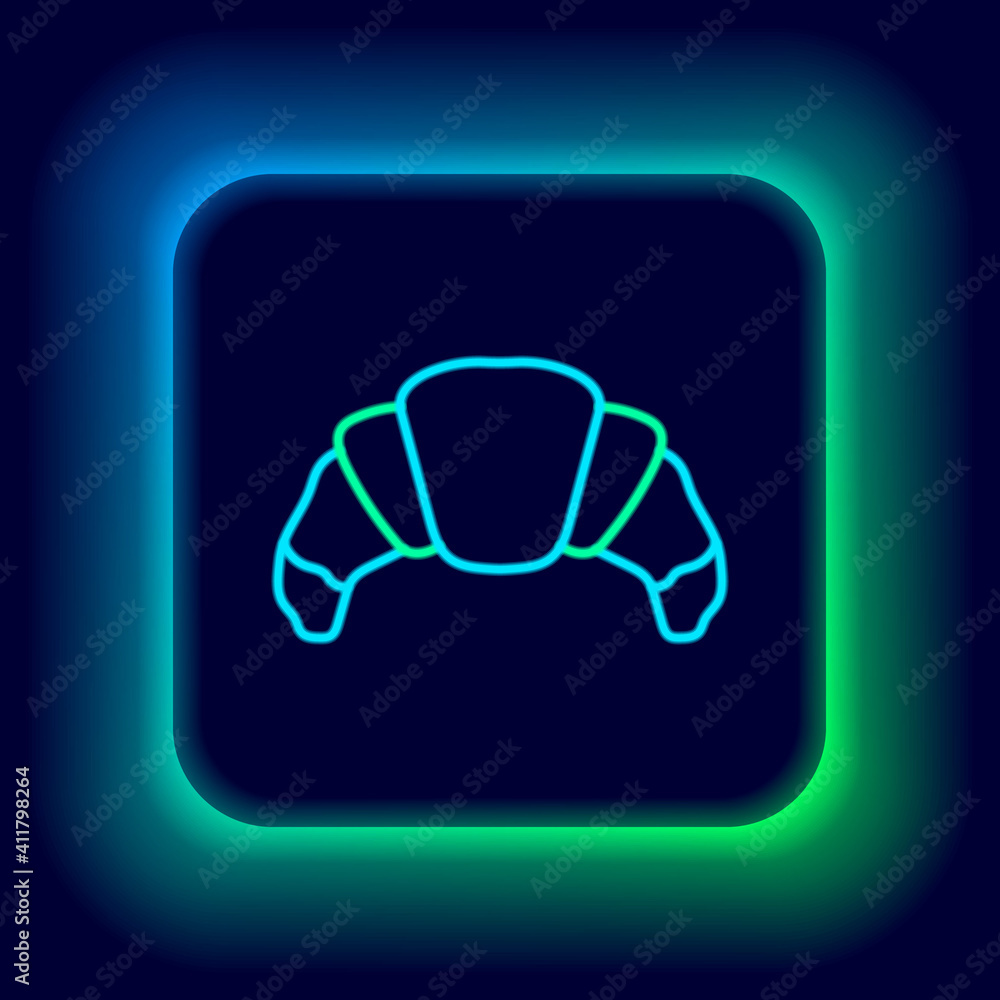 Glowing neon line Croissant icon isolated on black background. Colorful outline concept. Vector. Glowing neon line Croissant icon isolated on black background. Colorful outline concept. Vector.