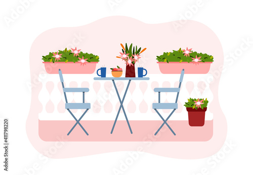 Blossoming flowers, green potted plants and furniture for resting on city balcony. Urban farming or gardening concept. Beautiful exterior of house or apartment. Vector illustration