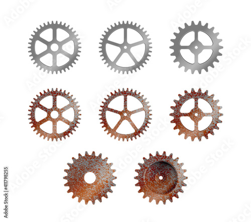 Realistic machine gear, cogwheel vector illustration set ( silver & rusty )