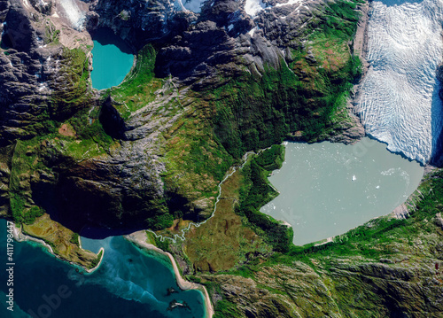 Satellite view of a glacier, Cabo de Hornos, Chile. Glaciar Italiano. Ice melting. Climate change. Wild nature. Element of this image is furnished by Nasa
