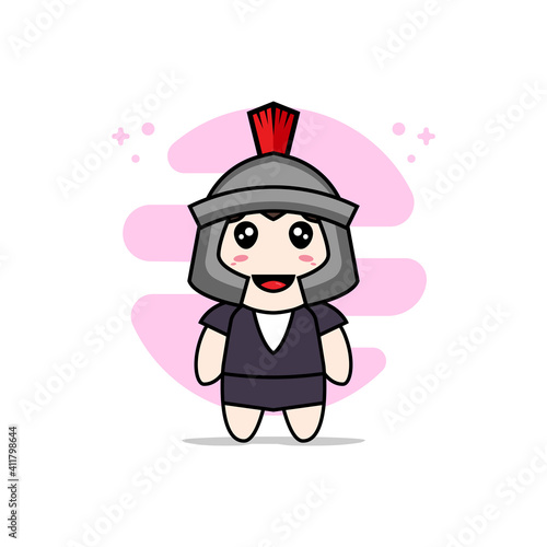 Cute business woman character wearing gladiator costume.