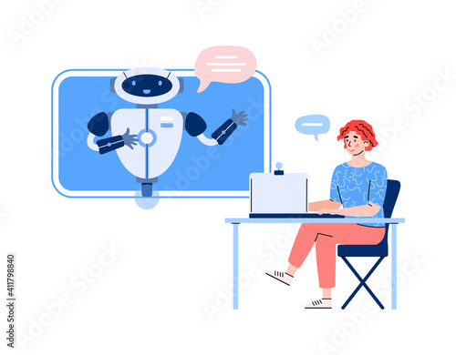 Woman communicating with chatbot robot via computer, cartoon vector illustration isolated on white background. Chatbot of client service or technical support.