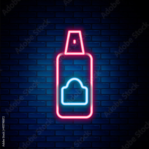 Glowing neon line Spray can for hairspray, deodorant, antiperspirant icon isolated on brick wall background. Colorful outline concept. Vector.