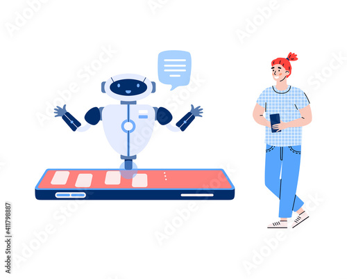 Smart chatbot on mobile phone screen. Guy communicate in chat with virtual assistant, artificial intelligence. Technology of service and support to customers. Vector illustration