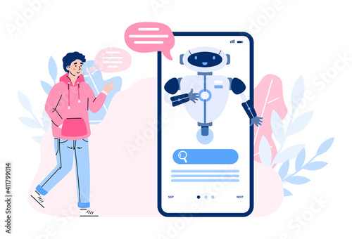 Smart chatbot for service and support customers. Young man communicate in chat of mobile phone with virtual assistant, artificial intelligence. Vector illustration isolated on white