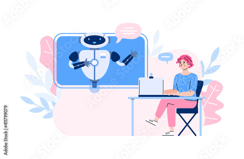 Woman chatting with chatbot robot, cartoon vector illustration isolated on white background. Artificial intelligence technology banner with decorative leaves.