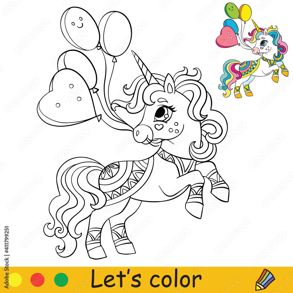 Cute party unicorn with balloons. Coloring book page with colorful ...