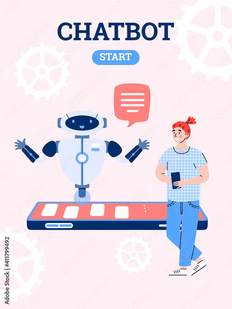 Chatbot service, virtual assistant with artificial intelligence for support customers. Young man communicate with smart bot robot in chat using mobile phone. Vector illustration.