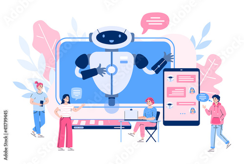 Chatbot banner concept with people communicating with helping bot. Artificial intelligence technology with people chatting with help service, flat vector illustration.
