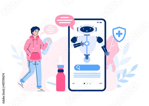 Medical chatbot, robot doctor on screen for service and support patients. Man receive treatment or buy drug in online chat. Technology of future in healthcare. Vector illustration.