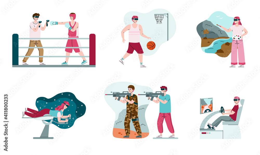 Set of people cartoon characters using VR Virtual reality glasses for education, entertainment and games, cartoon vector illustration isolated on white background.