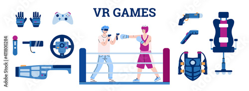 Young men play in sport vr game. Male fighting on boxing ring in cyberspace augmented virtual reality. Concept of modern entertainment using digital devices. Vector illustration.