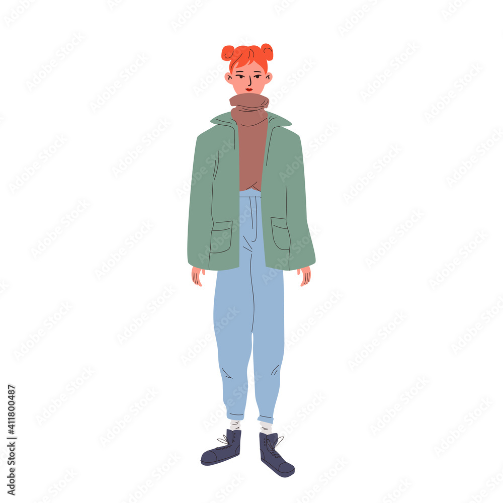 Pretty girl in a green jacket, a brown turtleneck, and blue jeans with rough boots. Young redhead woman in modern clothes. Vector illustration isolated on white background.