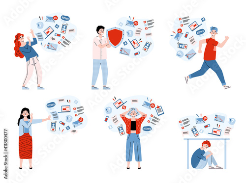 People overloading information experience stress and tired due lot of data, work or breaking news from internet and try to push away, run away or hide from it. Vector illustration.