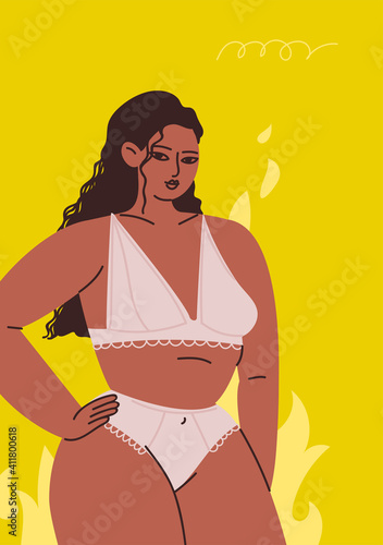 Poster with a woman in lingerie. Young woman on a yellow background. A tanned brunette stands against a background of flames. Vector illustration for postcard, poster.