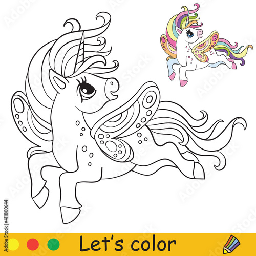Cute unicorn with wings.Coloring book page with colorful template. Vector cartoon illustration isolated on white background. For children coloring book,preschool education, print,design,decor and game