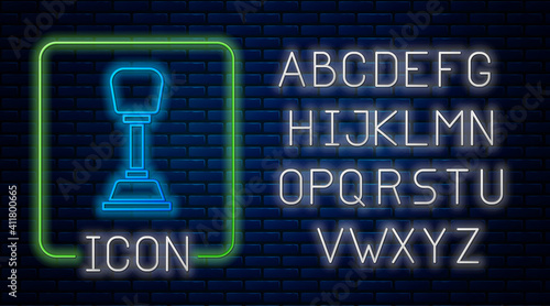 Glowing neon Gear shifter icon isolated on brick wall background. Manual transmission icon. Neon light alphabet. Vector.