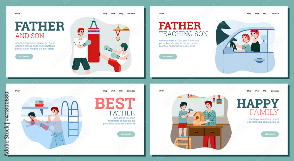 Set website banners with father teaching his son based life skills, cartoon vector illustrations set. Web banners with happy family of father and child together. Set website banners with father teaching his son based life skills, cartoon vector illustrations set. Web banners with happy family of father and child together.