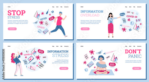People overloading by information about covid-19 virus and world pandemic coronavirus. Persons experience stress, fear and tired from breaking news and data from internet. Vector