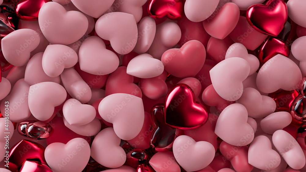 Multicolored Heart background. Valentine Wallpaper with Pink, Red Glass and Red Metallic love hearts. 3D Render Multicolored Heart background. Valentine Wallpaper with Pink, Red Glass and Red Metallic love hearts. 3D Render
