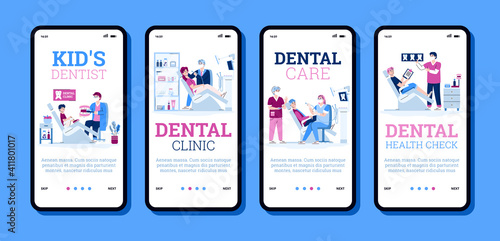 Set of onboarding pages for dental clinic, cartoon vector illustration. Oral hygiene medicine and dentistry mobile app interface designs with patients and doctors.