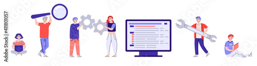 Set cartoon characters of code testers or software developers people, cartoon vector illustration isolated on white background. Programmers men and women bundle.
