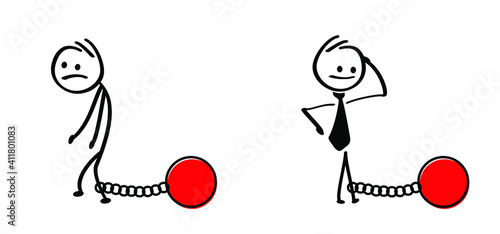 Business strategy, stick figures man, woman with chain ball. Vector drawing cartoon stickman. Emoji icons. Don't let anything slow you down. tethered and strained by stress, worry, anxiety. deadline.