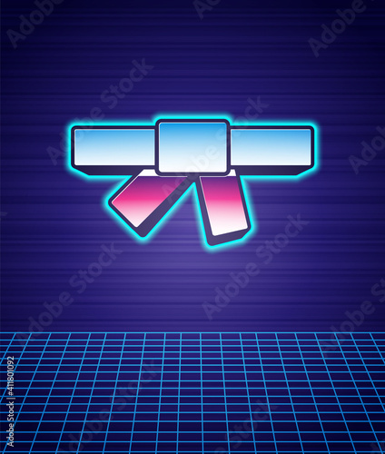 Retro style Black karate belt icon isolated futuristic landscape background. 80s fashion party. Vector.
