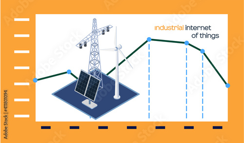 Industrial internet of things poster with smart alternative energy equipment and indicators change graph. Solar panels wind turbines, battery storage, high voltage electricity power transmission grid