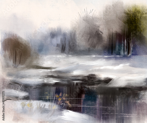 Winter landscape with river and forest