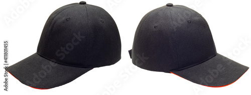 3\4 view set black baseball cap or hat, Isolated on white
