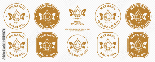 Concept for product packaging. The label is natural organic palm oil. Palm tree icon in round and rectangular stamps. Vector set.