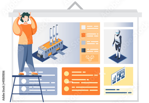 Man looking at poster with description of Industry automation factory robot-driven. Industrial internet of things. Manufacturing equipment using digital devices and technologies, technical application