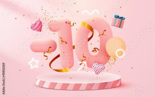 10 percent Off. Discount creative composition. 3d sale symbol with decorative objects, heart shaped balloons, golden confetti, podium and gift box. Sale banner and poster.