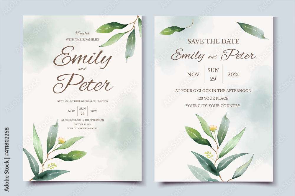 Greenery wedding invitation card template set with watercolor leaves