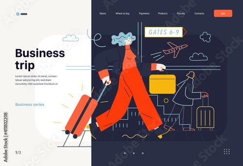 Business topics -business trip, web template, header. Flat style modern outlined vector concept illustration. Young woman with suitcase walking by the moving walkway in the airport. Business metaphor.