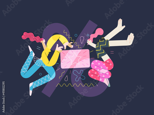 Discounts, sale, promotion voucher - modern flat vector concept illustration of people dancing with a gift or discount card