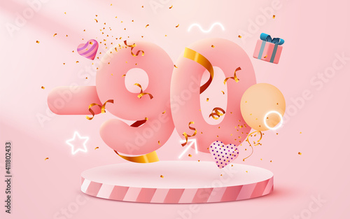 90 percent Off. Discount creative composition. 3d sale symbol with decorative objects, heart shaped balloons, golden confetti, podium and gift box. Sale banner and poster.