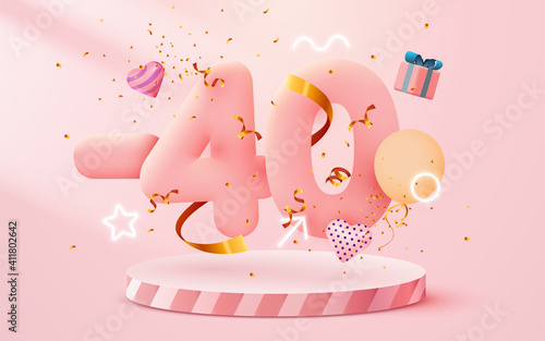 40 percent Off. Discount creative composition. 3d sale symbol with decorative objects, heart shaped balloons, golden confetti, podium and gift box. Sale banner and poster.