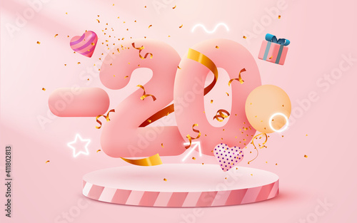 20 percent Off. Discount creative composition. 3d sale symbol with decorative objects, heart shaped balloons, golden confetti, podium and gift box. Sale banner and poster.