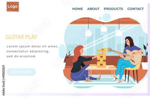 Woman sitting with Jenga game. Girl sings song. Website about playing guitar and learning music. Landing page template. People have fun and spend time at home. Musician playing acoustic guitar