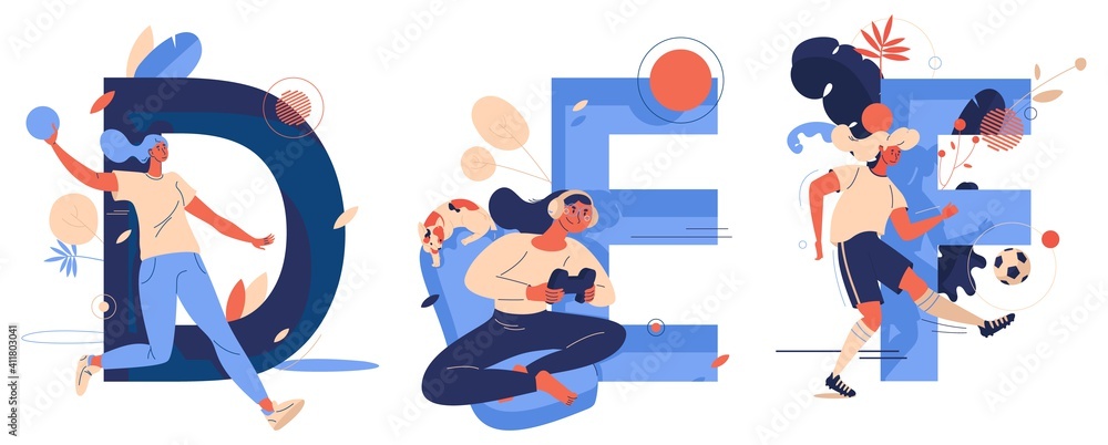 Vector collection with women doing sport. F for soccer football, D for dodgeball, E for e-games. Active leisure concept illustrations good for clubs and schools logo drawn in blue and orange