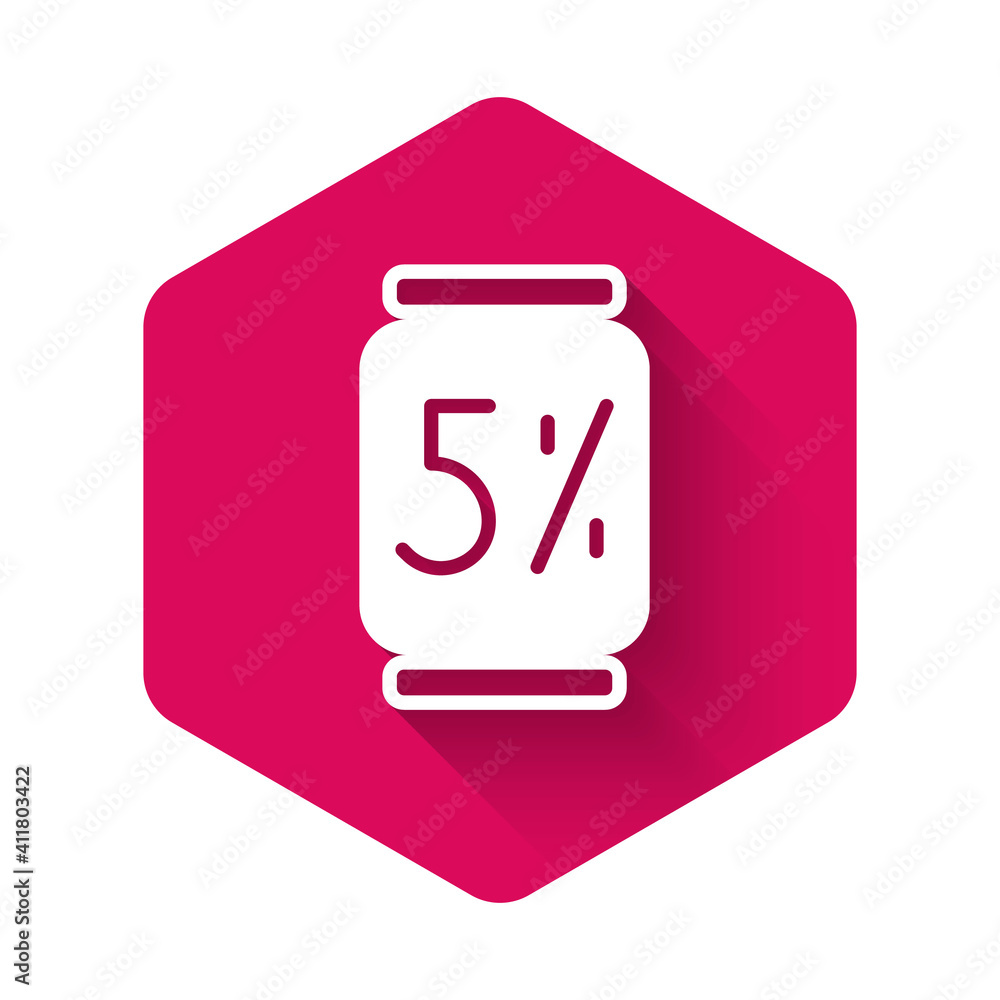 White Beer can icon isolated with long shadow background. Pink hexagon button. Vector. White Beer can icon isolated with long shadow background. Pink hexagon button. Vector.