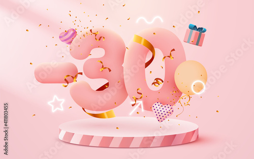 30 percent Off. Discount creative composition. 3d sale symbol with decorative objects, heart shaped balloons, golden confetti, podium and gift box. Sale banner and poster.