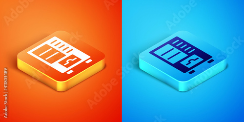 Isometric Vending machine of food and beverage automatic selling icon isolated on orange and blue background. Vector.