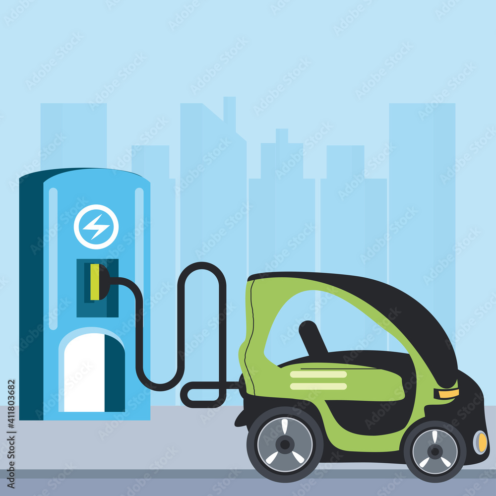 electric car charging station pump service city scene